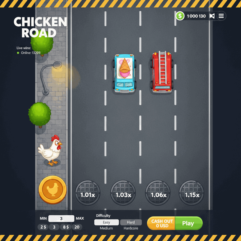 Chicken Road Spielansicht: Ein mutiges Huhn überquert eine mehrspurige Straße von oben gesehen, umgeben von fahrenden Autos und Straßenmarkierungen. Links ist der Bürgersteig mit Bäumen und einer Straßenlaterne zu sehen, während die Fahrbahn mit gestrichelten weißen Linien und runden Kanaldeckeln markiert ist, die Multiplikatoren anzeigen.