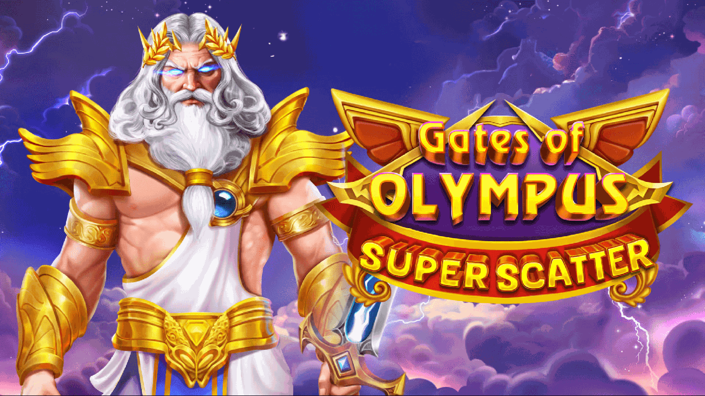 Tempelszene aus Gates of Olympus Super Scatter mit Zeus zwischen goldenen Wolken, dem 6x5 Walzenfeld mit weissem Vogel, roter Kristallkugel mit Krone und goldenem Muenzsymbol, eingerahmt von einem verzierten goldenen Tempelrahmen